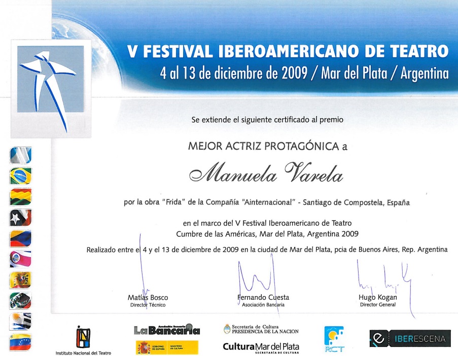 Mejor actriz protagónica en el V Festival Iberoamericano de teatro